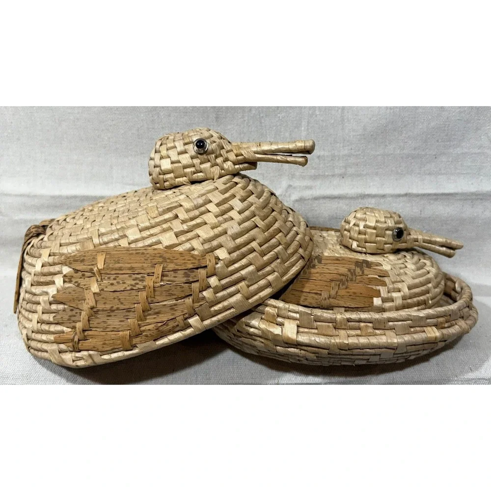 Vintage Woven Straw Duck Nesting Baskets Set of 2 Mallard Figurines with Lids